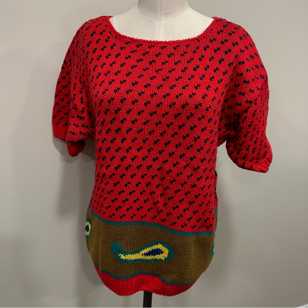 CHAUS Vintage Short Sleeve Paisley Linen Cotton Knit Sweater Top Size Medium